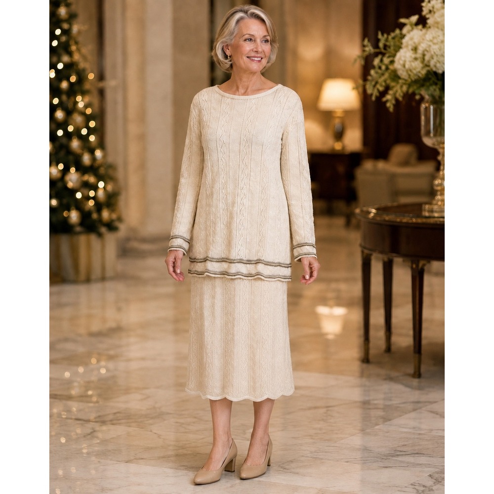 VTG Knit Skirt set ivory Creme gold lurex, midi USA quiet luxury wedding Retro